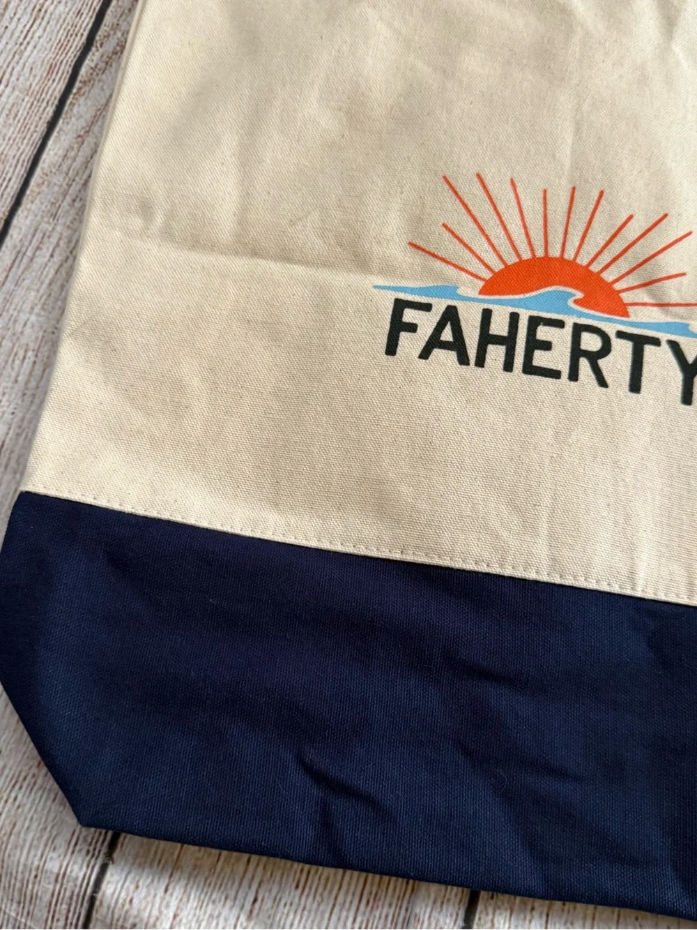 Faherty canvas reusable tote beige navy logo graphic 15.5 in x 14.5 in